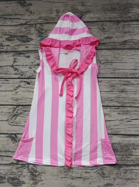 (Custom Design Preorder MOQ 5)   Pink Stripes Print Girls Hooded Swimming Coverup