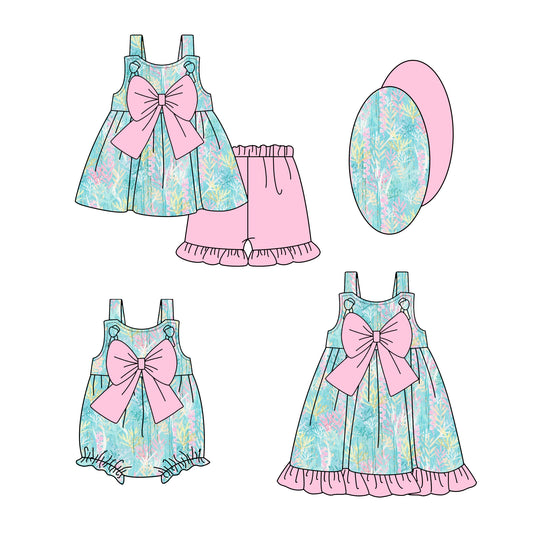 1.4(Custom Design Preorder MOQ 5 Each Design) Seaweed Pink Print Girls Summer Matching Clothes Sisters Wear