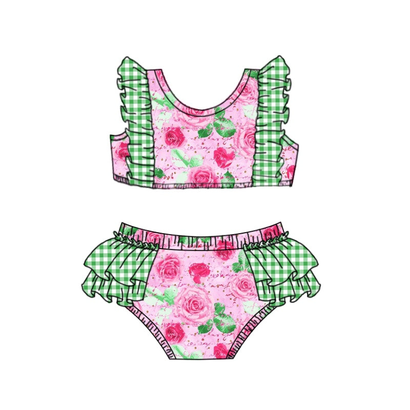 (Custom Design Preorder MOQ 5) Rose Print Girls 2 Pieces Swimsuits
