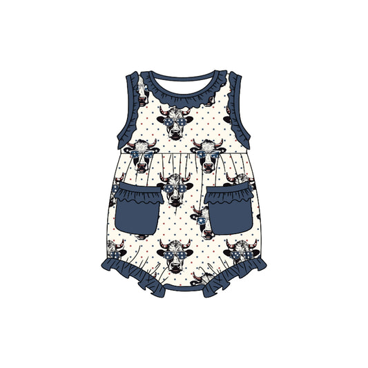 (Custom Design Preorder MOQ 5) Highland Cow Stars Print Baby Girls 4th of July Western Romper