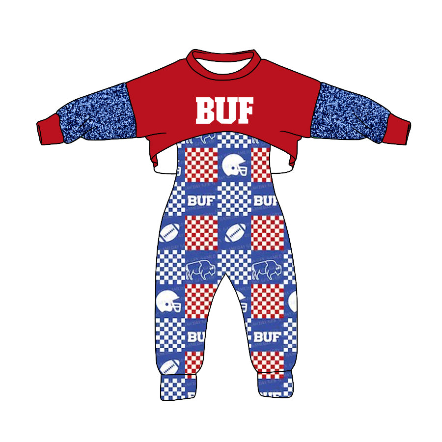 (Custom Design Preorder MOQ 5) Blue Red BUF Top Team's BUFFALO Plaid Jumpsuits Girls Fall Clothes Set