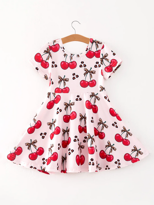 (Custom Design Preorder MOQ 5) Cherry Leopard Print Girls Summer Knee Length Dress