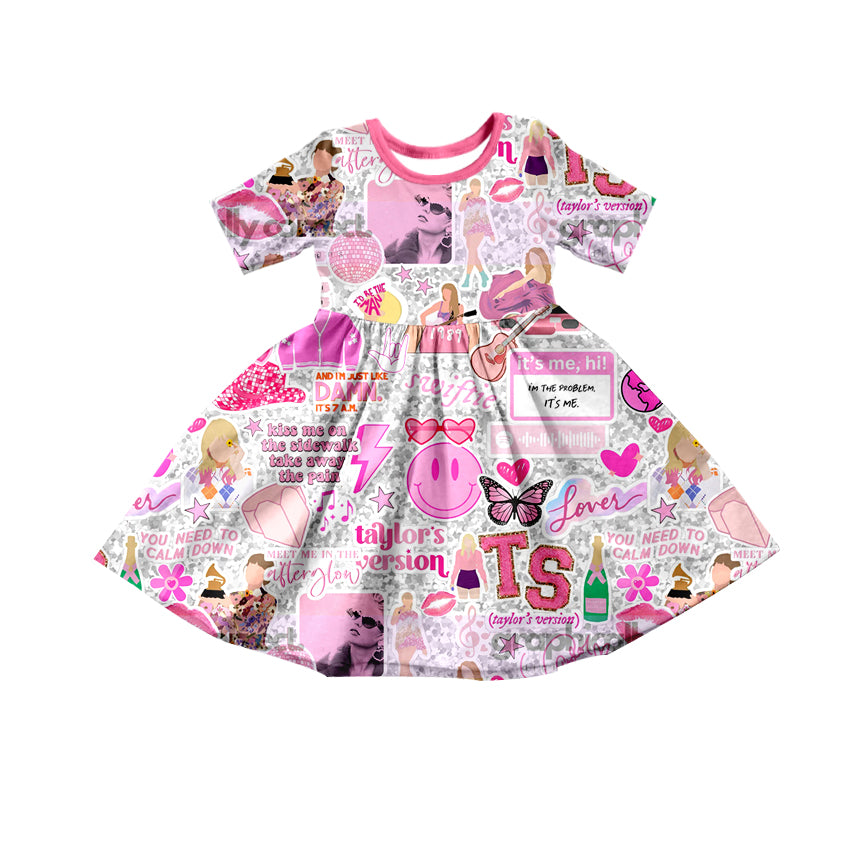 (Custom Design MOQ 5)NO.3  Pink Flowers Singer Design Girls Knee Length Dress