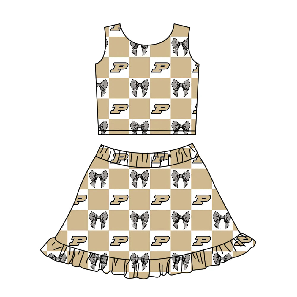 (Custom Design Preorder MOQ 5 Each Color) Team's Purdue Boilermaker Bows Plaid Print Girls Summer Clothes Sisters Matching Wear