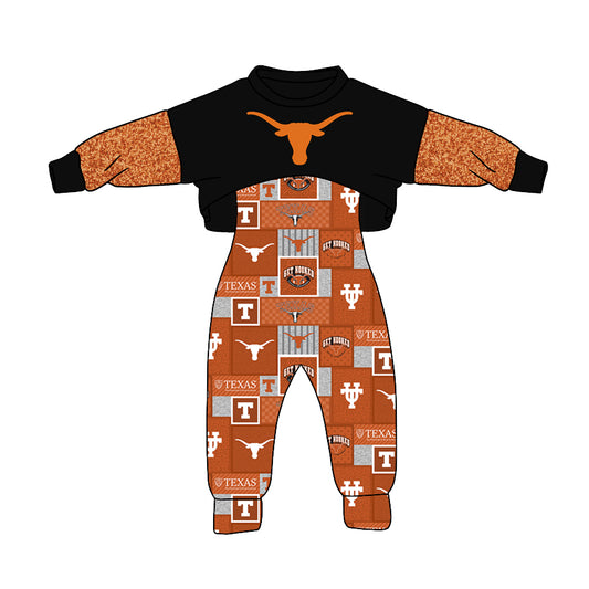 (Custom Design MOQ 5)  NO.24 Brown Football Team's Print Girls Jumpsuits Clothes Set