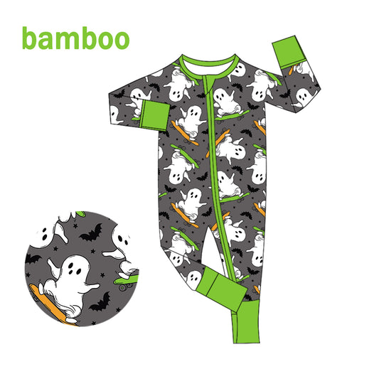 (Custom Design Preorder MOQ 20) Ghost Bat Print Baby Boys Halloween Long Sleeve Bamboo Sleeper Zipper Romper
