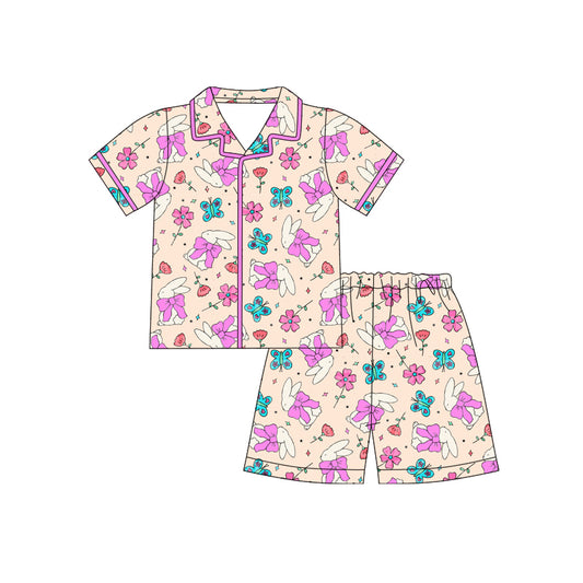 12.10 (Custom Design Preorder MOQ 5)  Bunny Butterfly Flowers Bows Print Girls Easter Buttons Pajamas Clothes Set