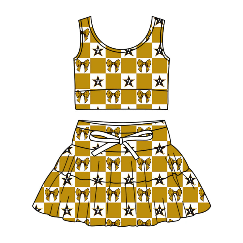 (Custom Design Preorder MOQ 5 Each Color) Team's Vanderbilt Bows Plaid Print Girls Summer Clothes Sisters Matching Wear
