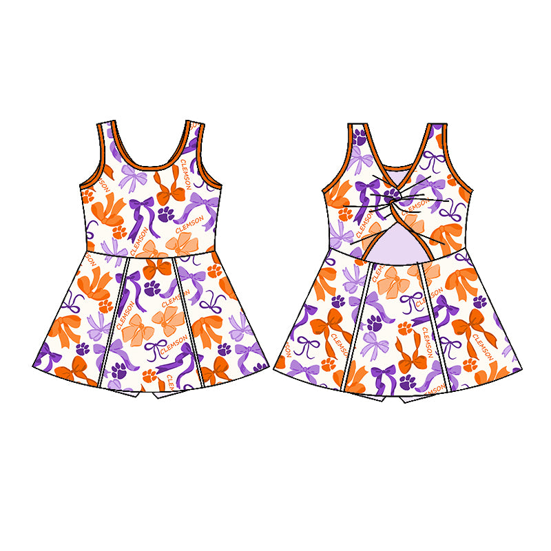 (Custom Design Preorder MOQ 5 Each Color) Team's CLEMSON Bows Print Girls Summer Clothes Sisters Matching Wear