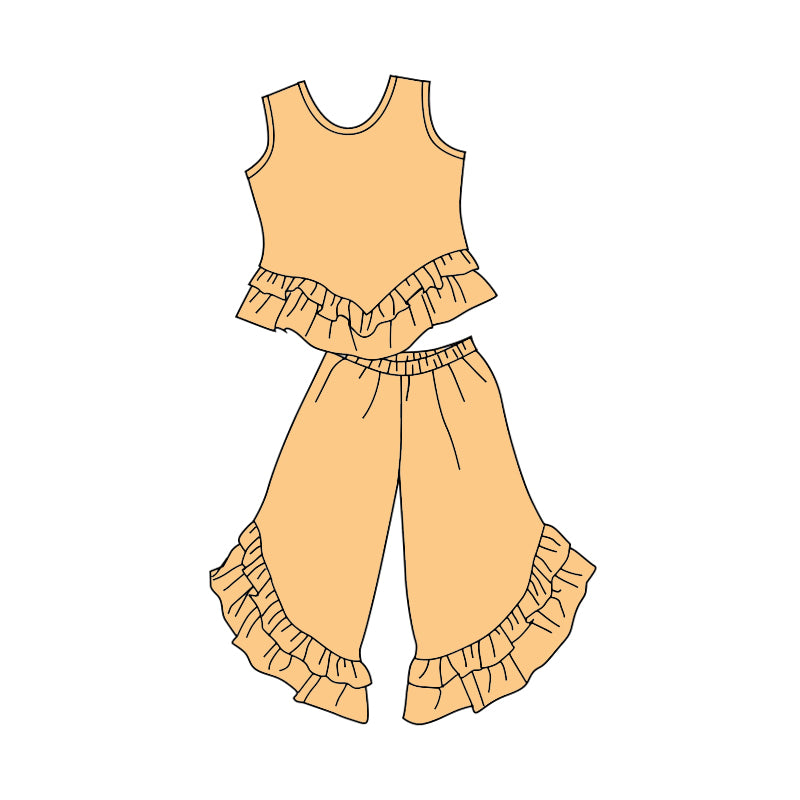 (Custom Design Preorder MOQ 5) Yellow Sleeveless Top Ruffles Pants Girls Clothes Set