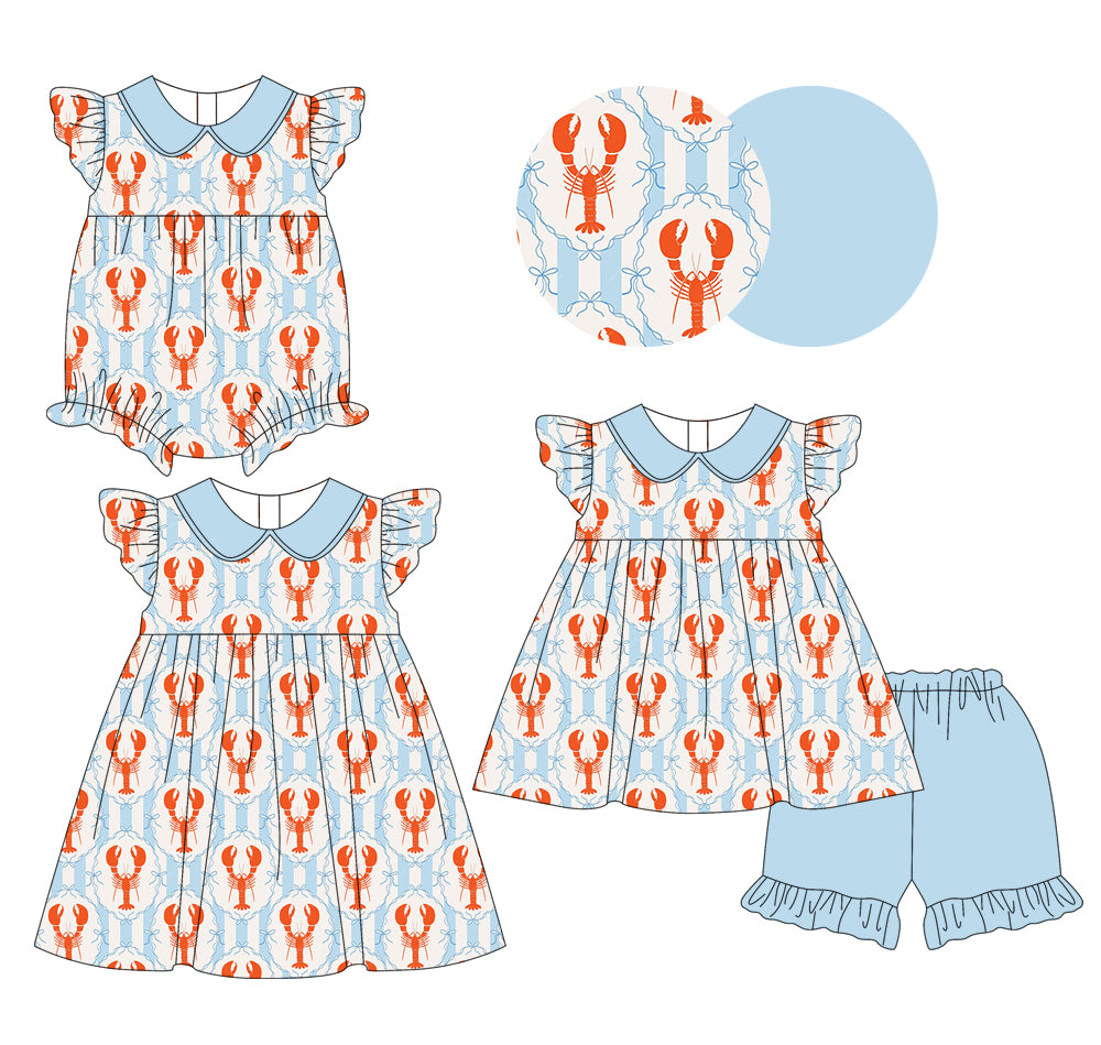 12.4 (Custom Design Preorder MOQ 5 Each Design) Crayfish Bows Blue Print Girls Summer Matching Clothes Sisters Wear