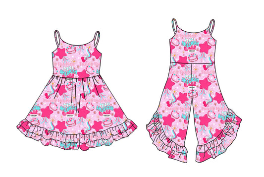 4.14(Custom Design Preorder MOQ 5 Each Design) MINI AMERICAN Flowers Pink Print Girls Summer Matching Clothes Sisters Wear
