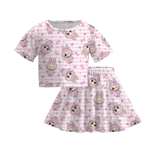 (Custom Design Preorder MOQ 5) Cartoon LABU* Strawberry Print Girls Summer Skirts Clothes Set