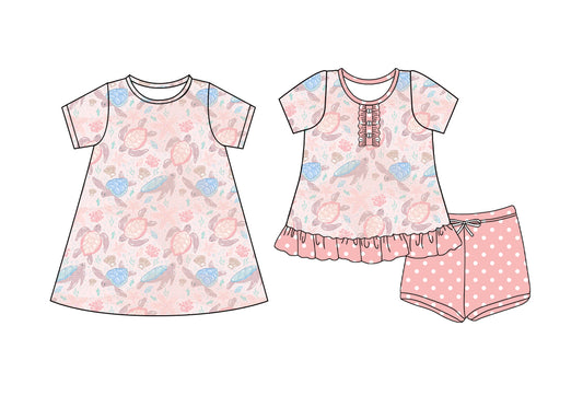 4.14(Custom Design Preorder MOQ 5 Each Design) Sea Turyle Seaweed Print Girls Summer Matching Clothes Sisters Wear
