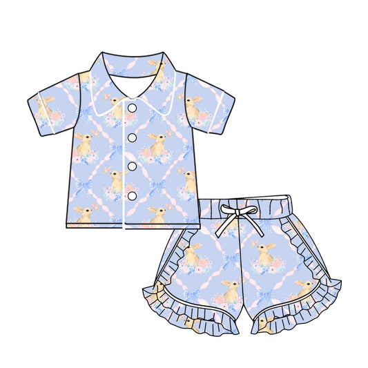 (Custom Design Preorder MOQ 5) Bunny Flowers Bows Print Girls Easter Pajamas Clothes Set