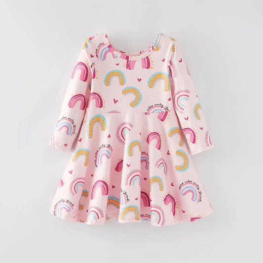 (Custom Design Preorder MOQ 5) Rainbow Hearts Print Girls Valentine's Day Knee Length Dress
