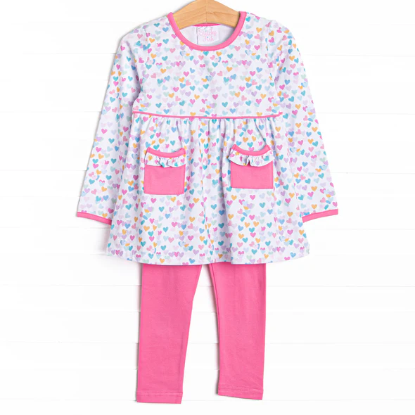 (Custom Design Preorder MOQ 5) Hearts Pockets Tunic Top Pink Pants Girls Clothes Set