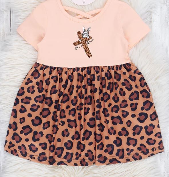 (Custom Design Preorder MOQ 5) Cross Leopard Print Girls Easter Knee Length Dress