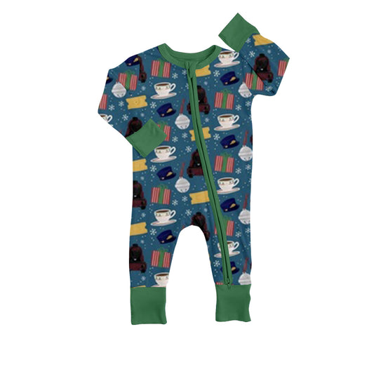 (Custom Design MOQ 5) Green Polar Train Print Baby Zipper Christmas Romper