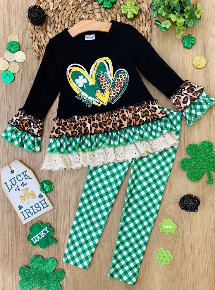 (Custom Design MOQ 5)  Luck Heart Ruffles Top Green Plaid Legging Pants St. Patrick's Girls Clothes set