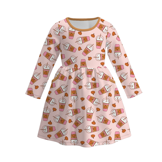 (Custom Design Preorder MOQ 5) Coffee Pumpkin Print Girls Knee Length Fall Dress