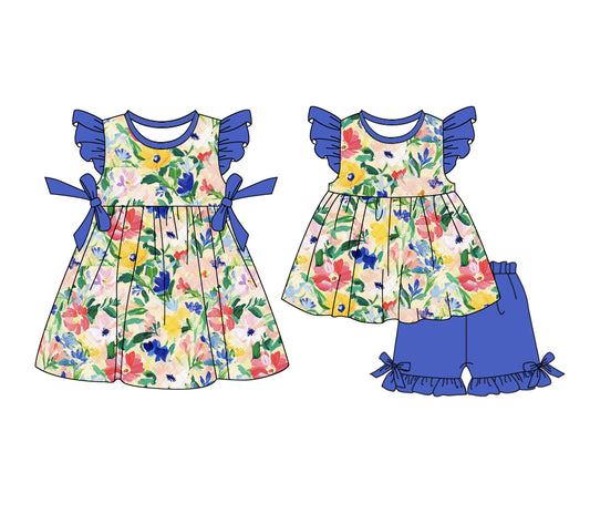 1.4(Custom Design Preorder MOQ 5 Each Design) Colorful Flowers Print Girls Summer Matching Clothes Sisters Wear
