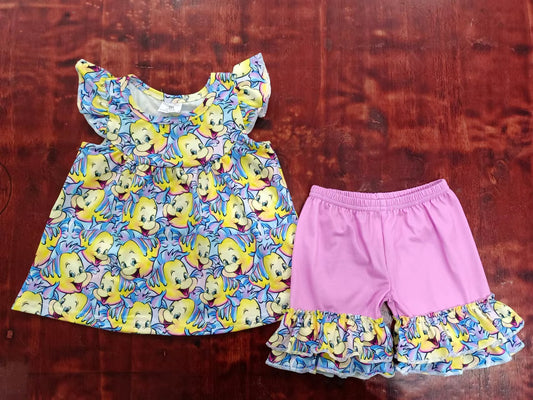 (Custom Design Preorder MOQ 5) Cartoon Fish Top Ruffle Shorts Girls Summer Clothes Set
