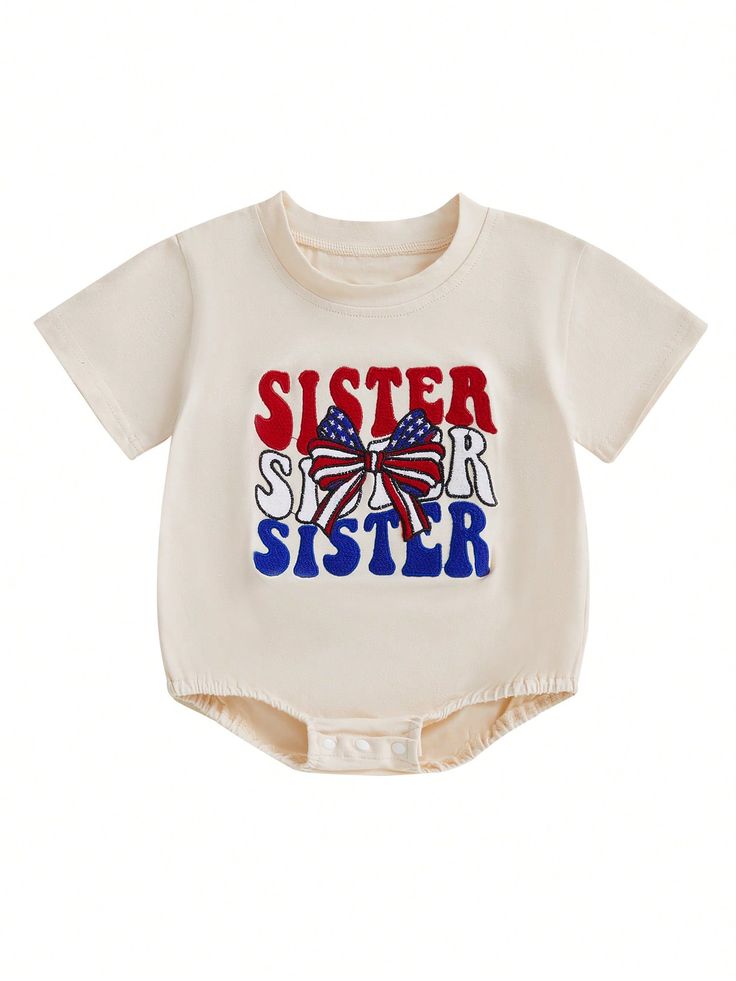 (Custom Design Preorder MOQ 5) Sister Bow Print Baby 4th of July Bubble Romper