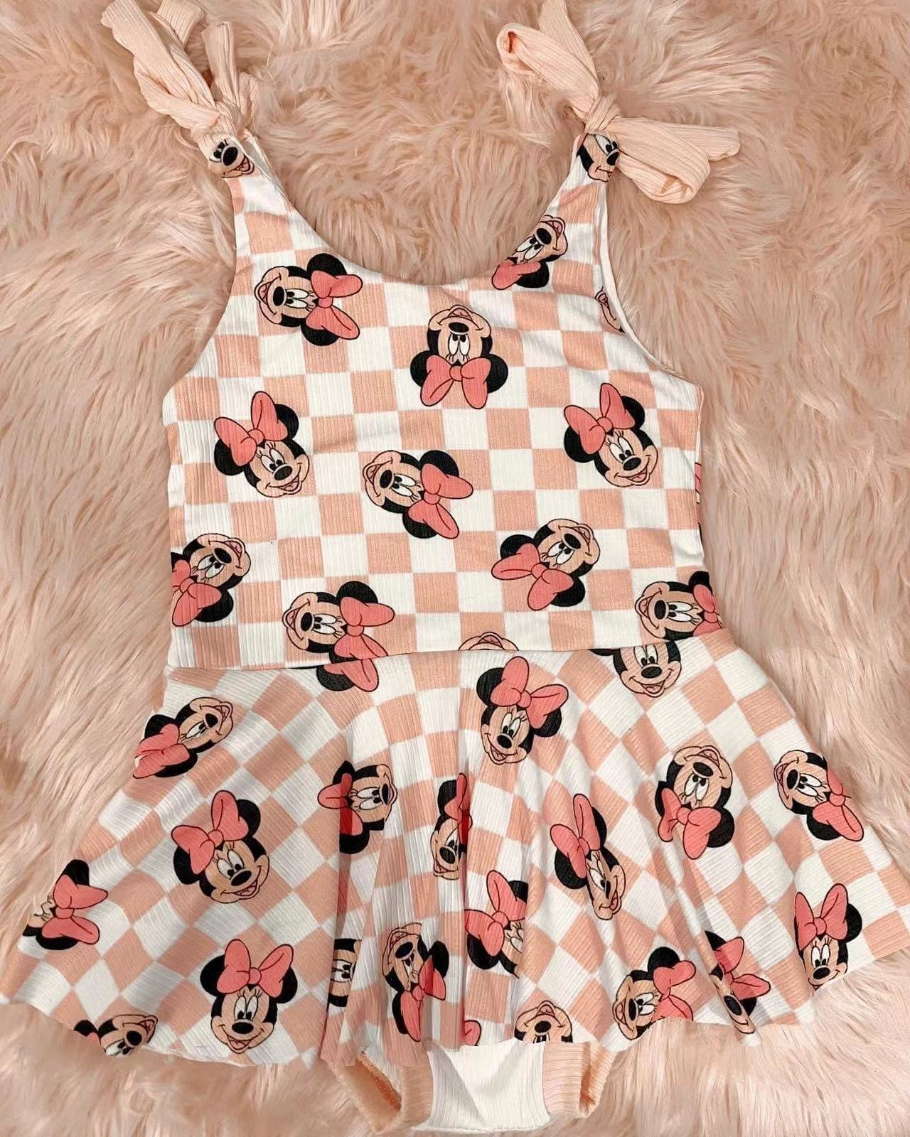 (Custom Design Preorder MOQ 5) Cartoon Mouse Plaid Print Baby Girls Summer Strap Romper