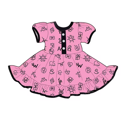 (Custom Design Preorder MOQ 5) Pink Words Print Girls Knee Length Summer Western Dress