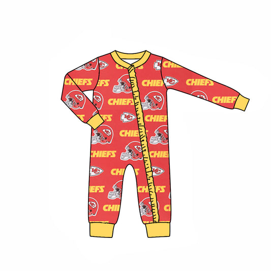 (Custom Design Preorder MOQ 5)  Team's KC Red Yellow Print Baby Girls Fall Sleeper Zipper Romper