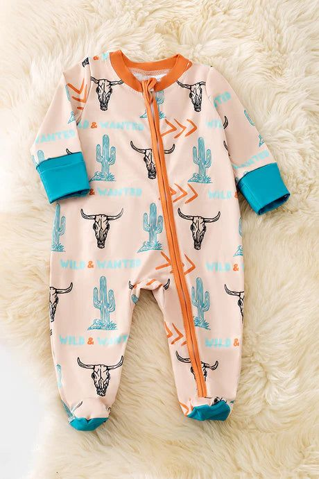(Custom Design Preorder MOQ 5) Cow Skull Cactus Print Baby Fall Sleeper Zipper Romper