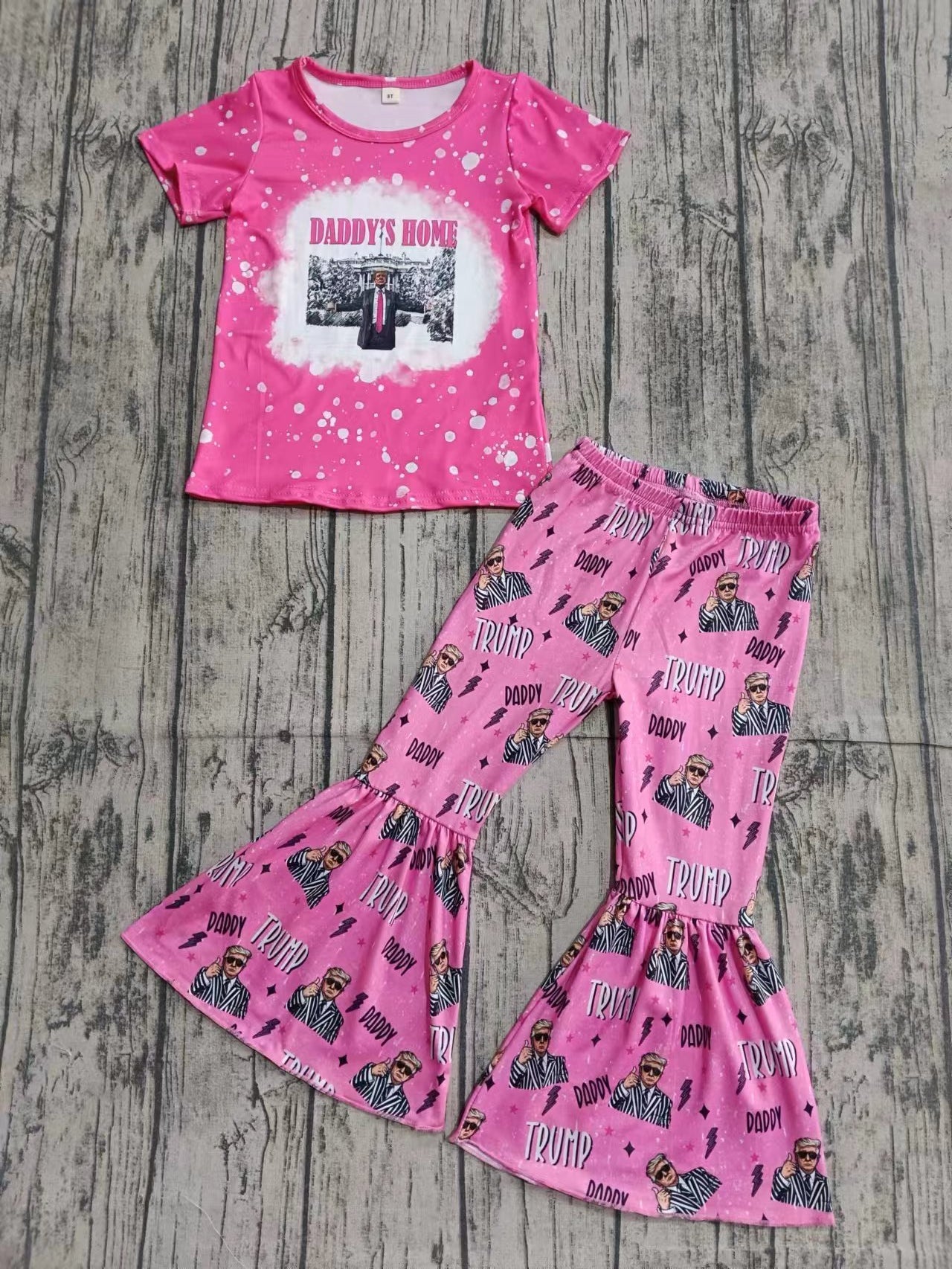 (Custom Design Preorder MOQ 3 ) Daddy's Home Trump Pink Print Bell Pants Girls Clothes Set