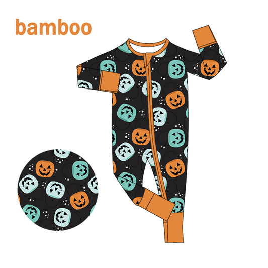 (Custom Design Preorder MOQ 20) Pumpkin Print Baby Boys Halloween Long Sleeve Bamboo Sleeper Zipper Romper