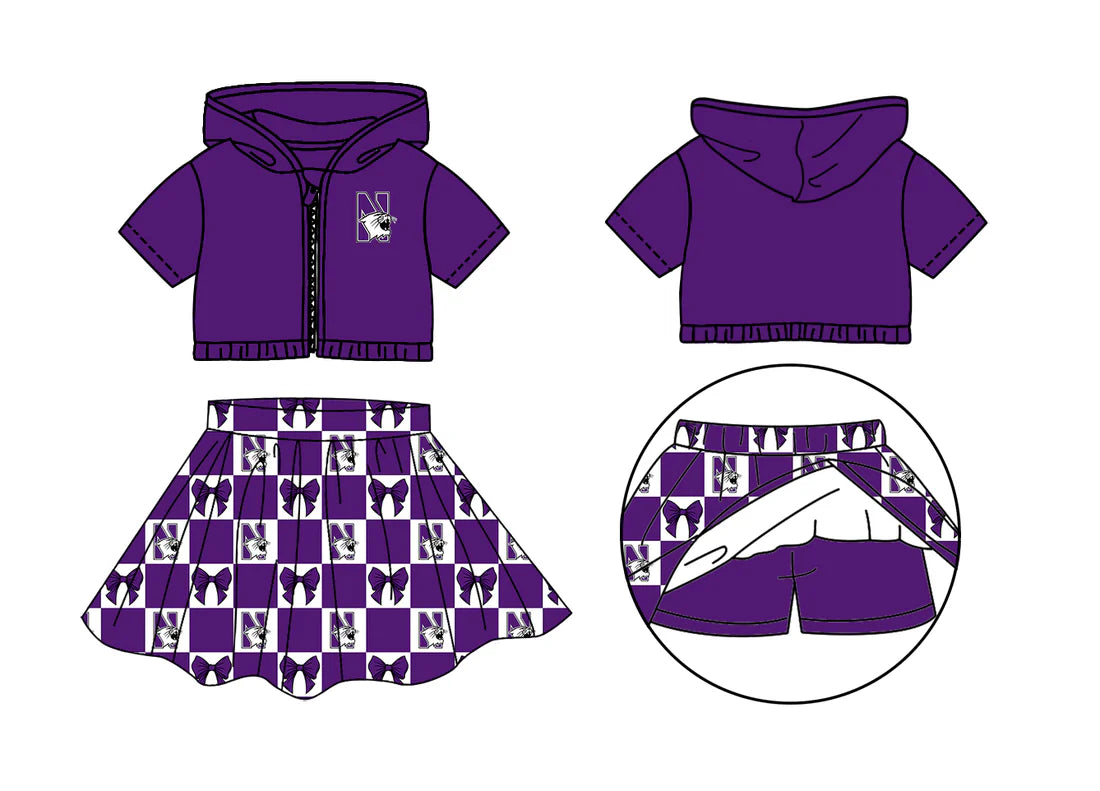 (Custom Design Preorder MOQ 5 Each Color) Team's Northwestern Wildcats Bows Plaid Print Girls Summer Clothes Sisters Matching Wear