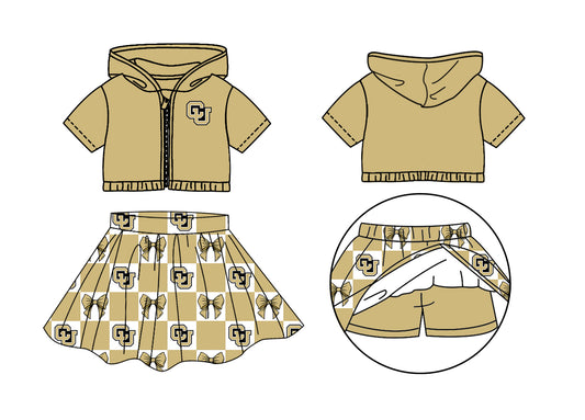 (Custom Design Preorder MOQ 5 Each Color) Team's Colorado Bufaloes Bows Plaid Print Girls Summer Clothes Sisters Matching Wear