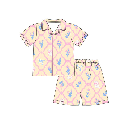 12.10 (Custom Design Preorder MOQ 5)  Bunny Flowers Bows Print Girls Easter Buttons Pajamas Clothes Set