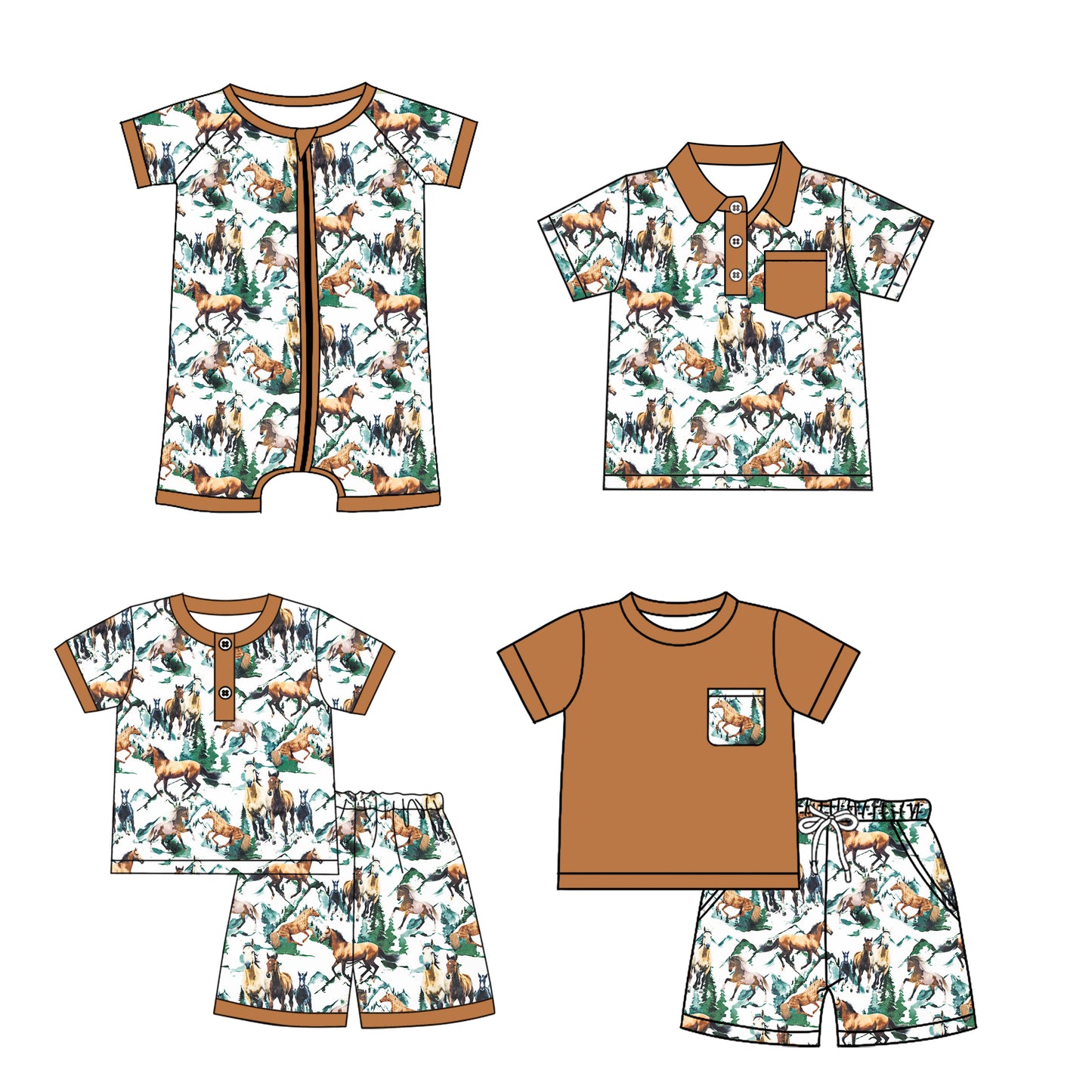 3.10(Custom Design Preorder MOQ 5 Each Design)  Horse Brown Print Boys Summer Matching Clothes Brothers Wear