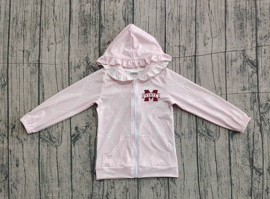 (Custom Design Preorder MOQ 5 Each Item) Team's Mississippi State Pink Bows Print Girls Fall Zipper Hoodie Jackets Top Mom and Me Matching Clothes
