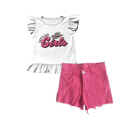 (Custom Design Preorder MOQ 5) Let's Go Girls Top Pink Hole Shorts Girls Summer Western Clothes Set