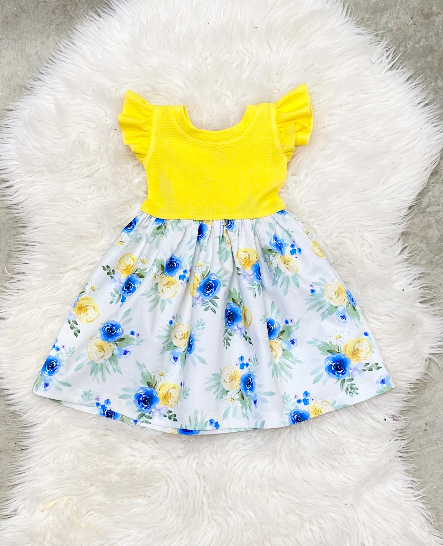 (Custom Design Preorder MOQ 5) Flowers Print Yellow Girls Knee Length Summer Dress