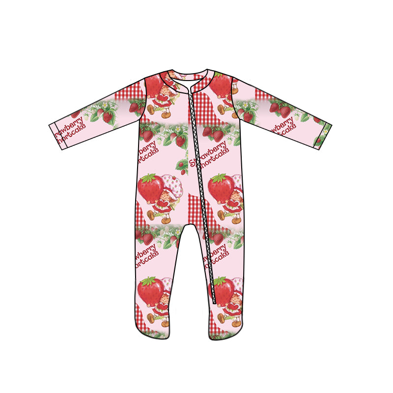 (Custom Design Preorder MOQ 5) Strawberry Shortcake Print Baby Girls Bamboo Sleeper Zipper Romper