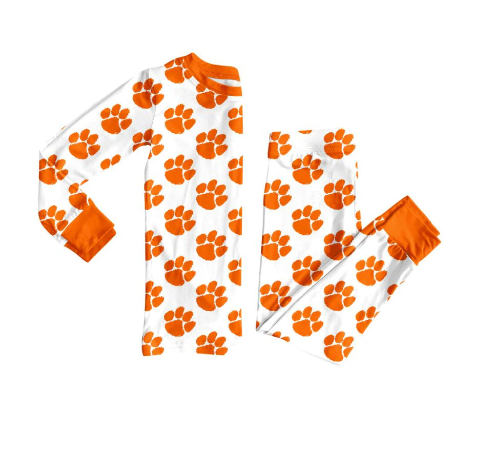 (Custom Design Preorder MOQ 5) Team's Orange Paw Print Pants Boys Pajamas Clothes Set