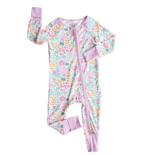 (Custom Design Preorder MOQ 5)  Pink Flowers Print Baby Girls Bamboo Fall Sleeper Zipper Romper