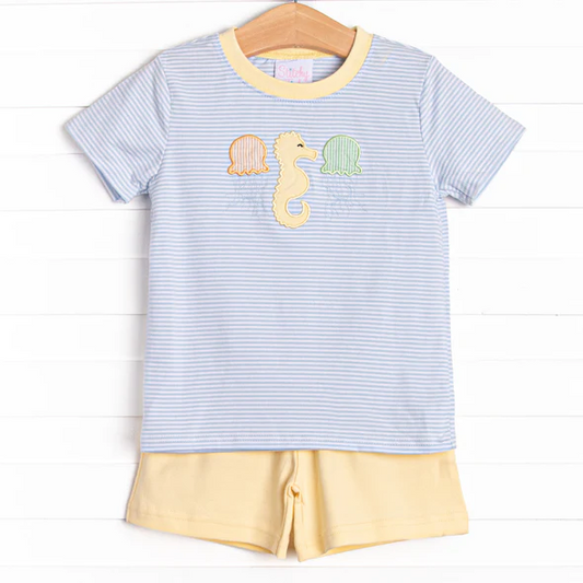 (Custom Design Preorder MOQ 5)  Sea Horse Stripes Top Yellow Shorts Boys Summer Clothes Set
