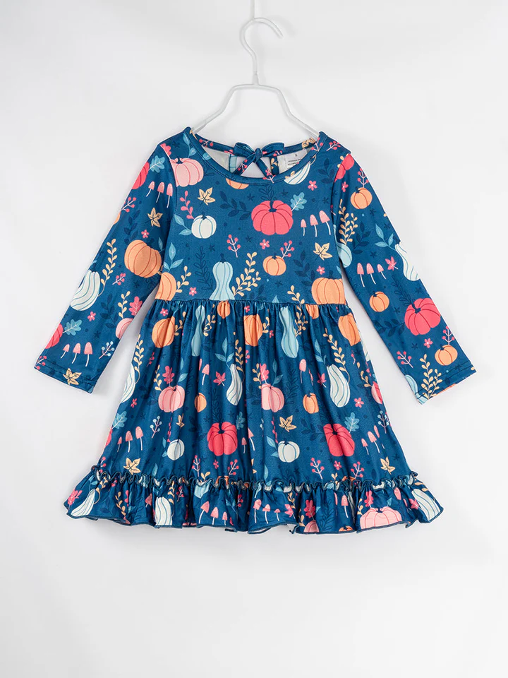 (Custom Design Preorder MOQ 5) Pumpkin Flowers Print Girls Knee Length Fall Dress