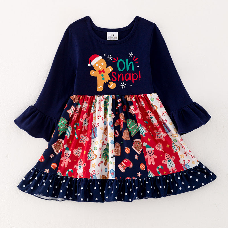 (Custom Design Preorder MOQ 5)  Gingerbread Print Girls Christmas Knee Length Dress