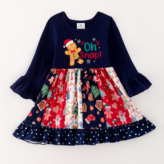 (Custom Design Preorder MOQ 5)  Gingerbread Print Girls Christmas Knee Length Dress