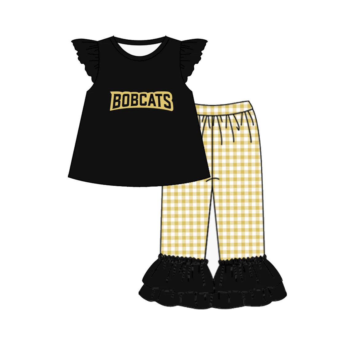 (Custom Design Preorder MOQ 5) Team's BOBCATS Top Plaid Pants Girls Clothes Set