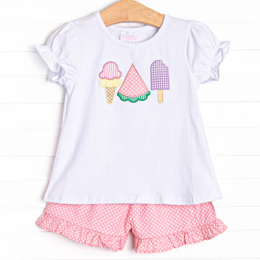 (Custom Design Preorder MOQ 5)  Popsicle White Top Pink Dots Shorts Girls Summer Clothes Set